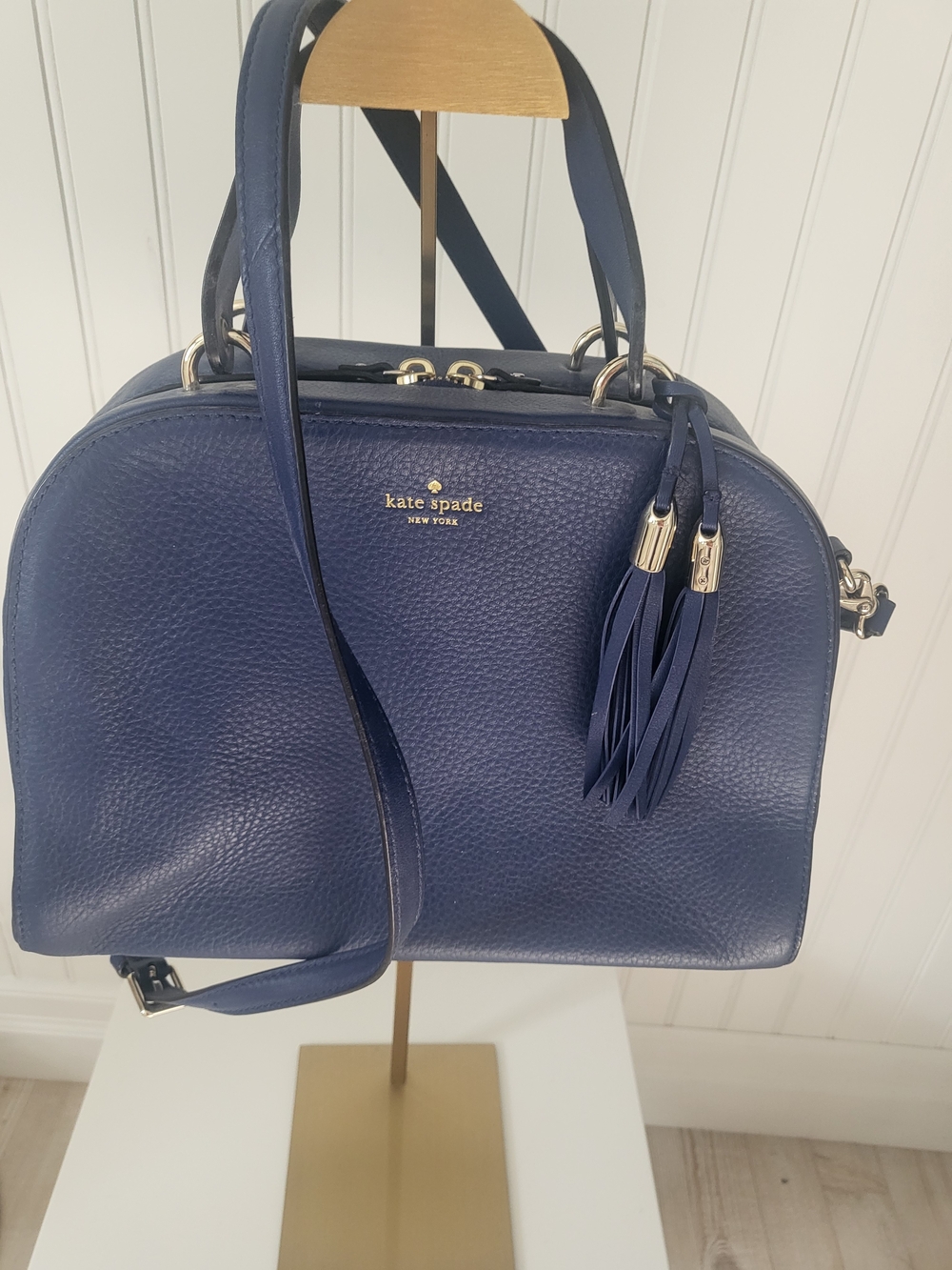kate spade Navy Pebbled Leather Satchel with Tassel Accent